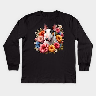 A bull terrier with beautiful colorful flowers Kids Long Sleeve T-Shirt